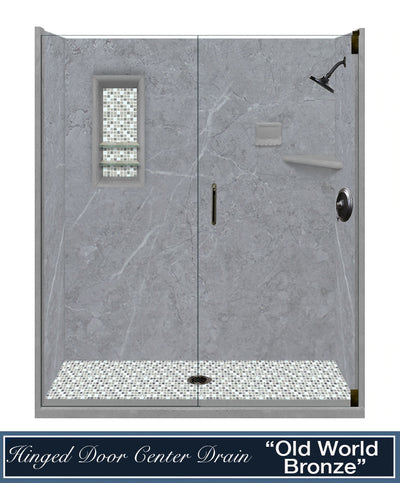CLEARANCE-60" X 32" Grio Marble Del Mar Mosaic Alcove Shower Kit Left Drain.