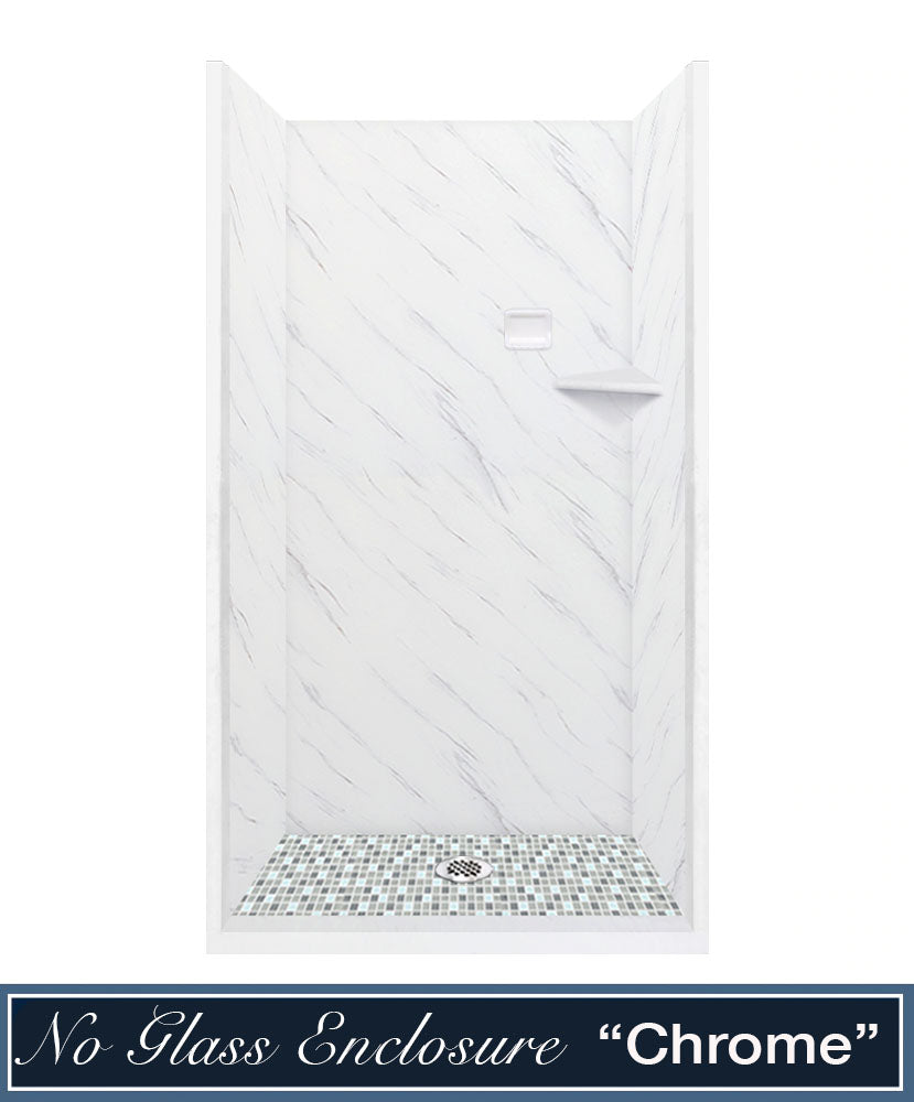 60" Alcove Carrara Medici Marble & Del Mar Mosaic Accent Shower Remodel Kit