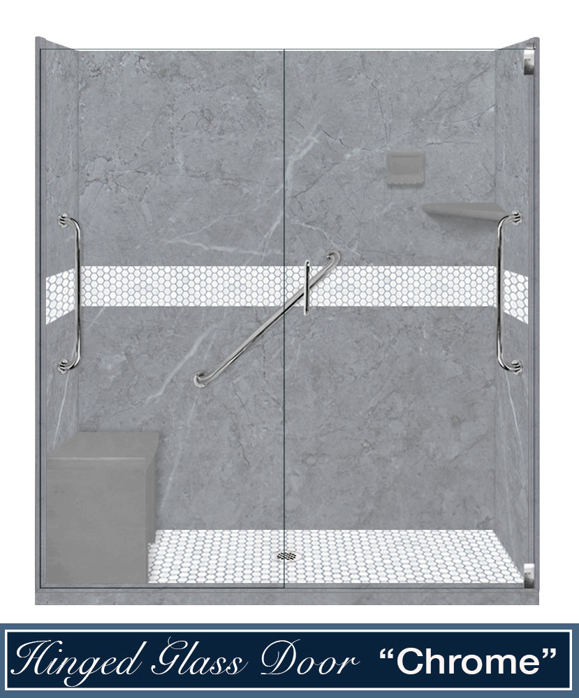Freedom 60" Alcove Grio Medici Marble & Pearl Hex Mosaic Accent Shower Remodel Kit