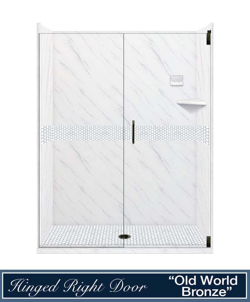 60" Alcove Carrara Medici Marble & Pearl Hex Mosaic Accent ("DIY Shower Remodel Kit")