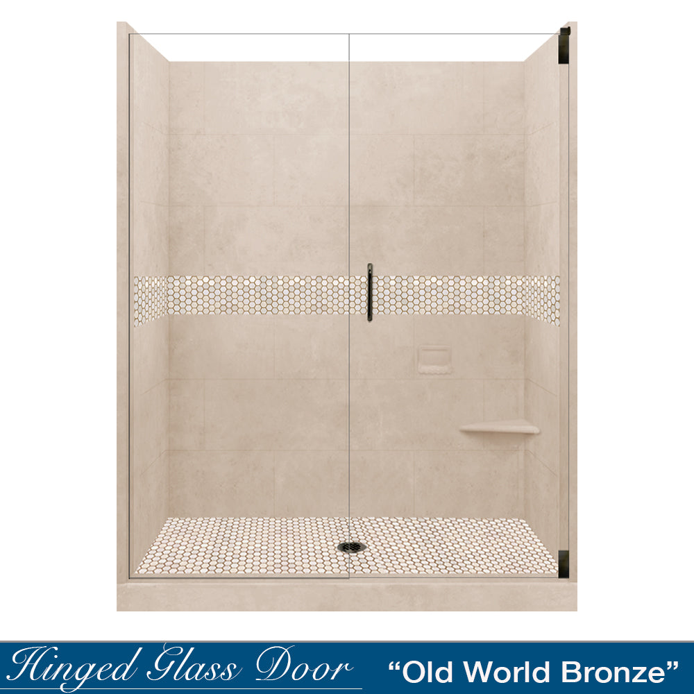 60" Alcove Brown Sugar Sistine Stone & Honey Hex Mosaic Accent ("DIY Shower Remodel Kit")