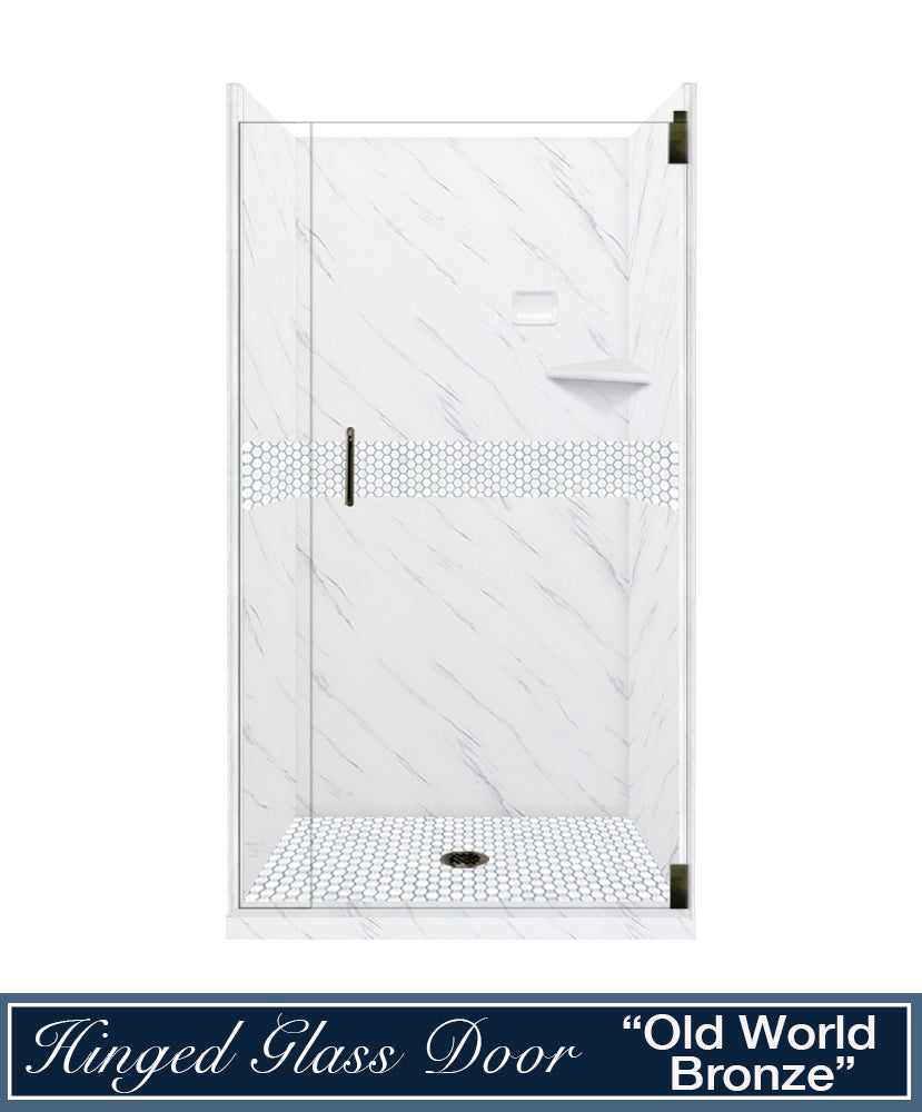 60" Alcove Carrara Medici Marble & Pearl Hex Mosaic Accent ("DIY Shower Remodel Kit")