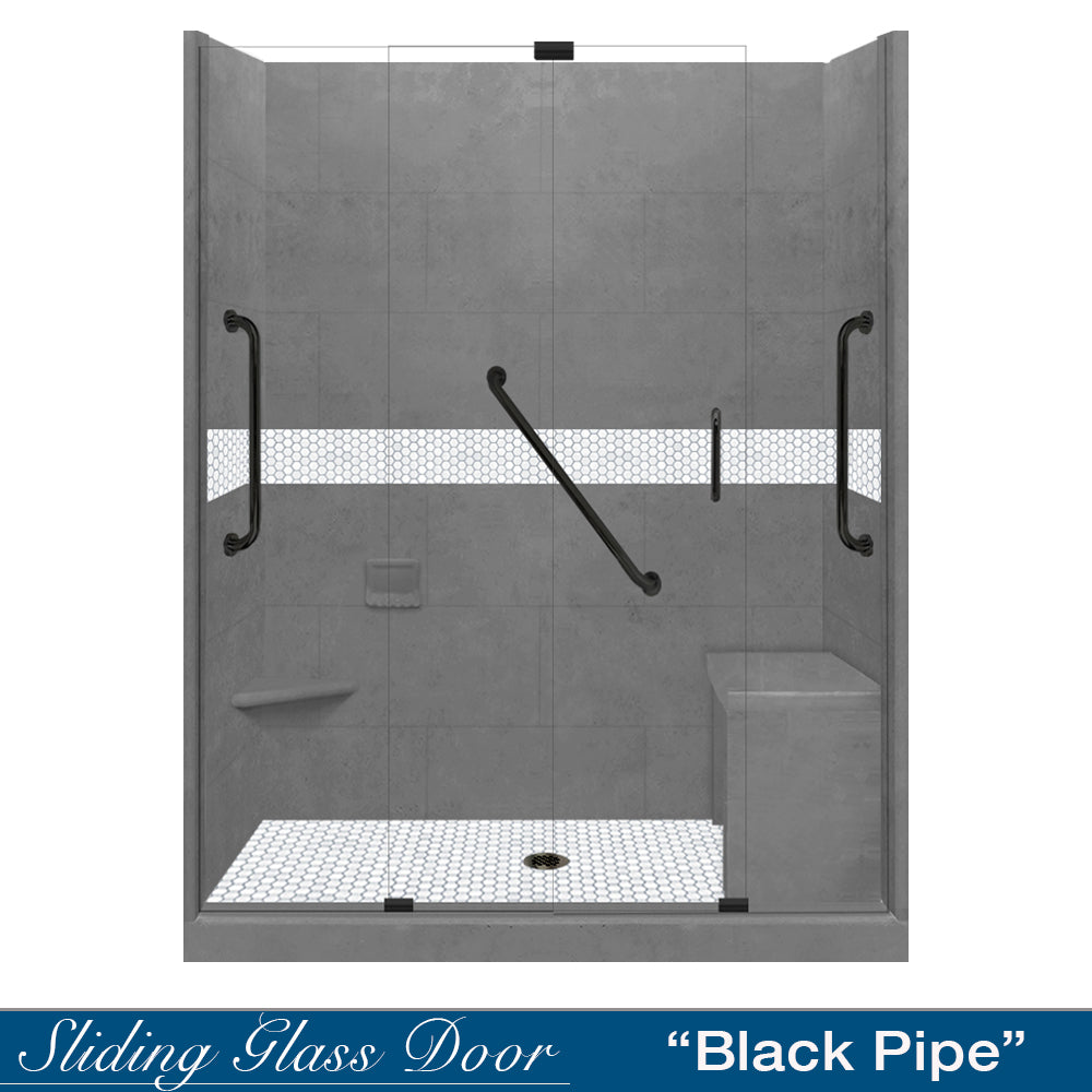 Freedom 60" Alcove Wet Cement Sistine Stone & Pearl Hex Mosaic Accent ("DIY Shower Remodel Kit")