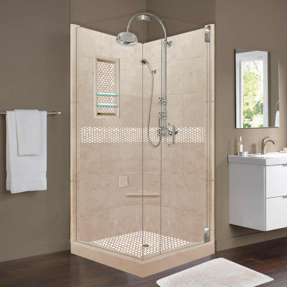 Corner Brown Sugar Sistine Stone & Honey Hex Mosaic Accent ("DIY Shower Remodel Kit")