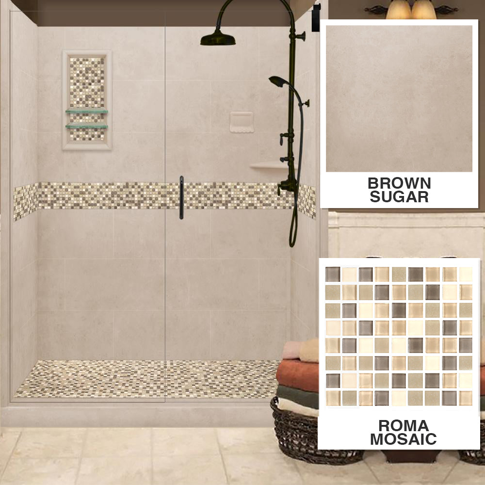 Roma Mosaic Brown Sugar 60" Alcove Stone Shower Kit