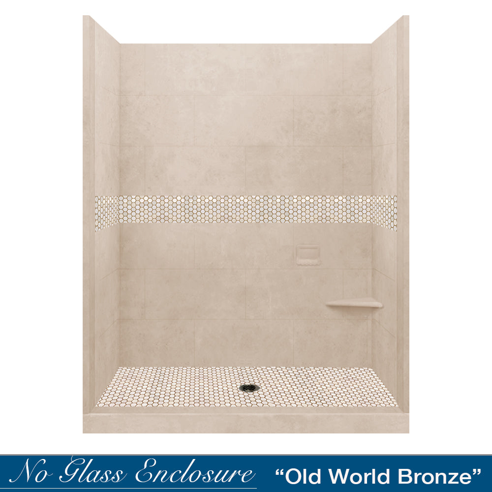 60" Alcove Brown Sugar Sistine Stone & Honey Hex Mosaic Accent ("DIY Shower Remodel Kit")