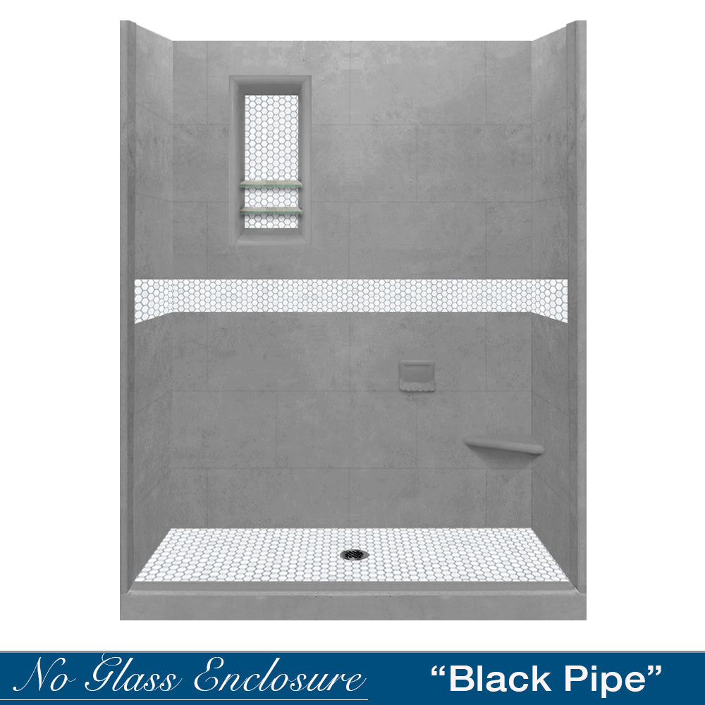 60" Alcove Wet Cement Sistine Stone & Pearl Hex Mosaic Accent ("DIY Shower Remodel Kit")