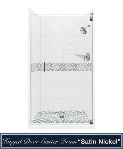 CLEARANCE-36" X 36" Natural Buff Del Mar Mosaic Small Alcove Stone Shower Kit W/Glass Door
