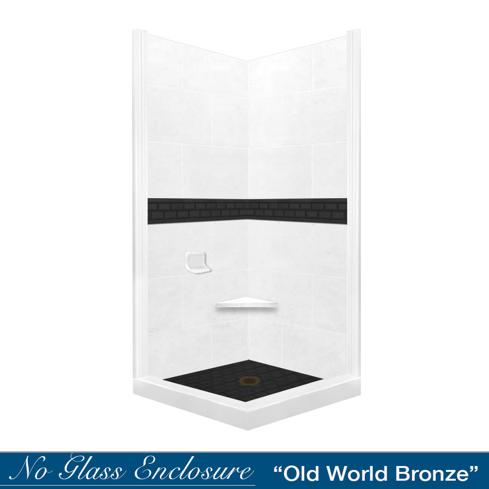 Natural Buff Corner Shower Kit with Subway Black Accent