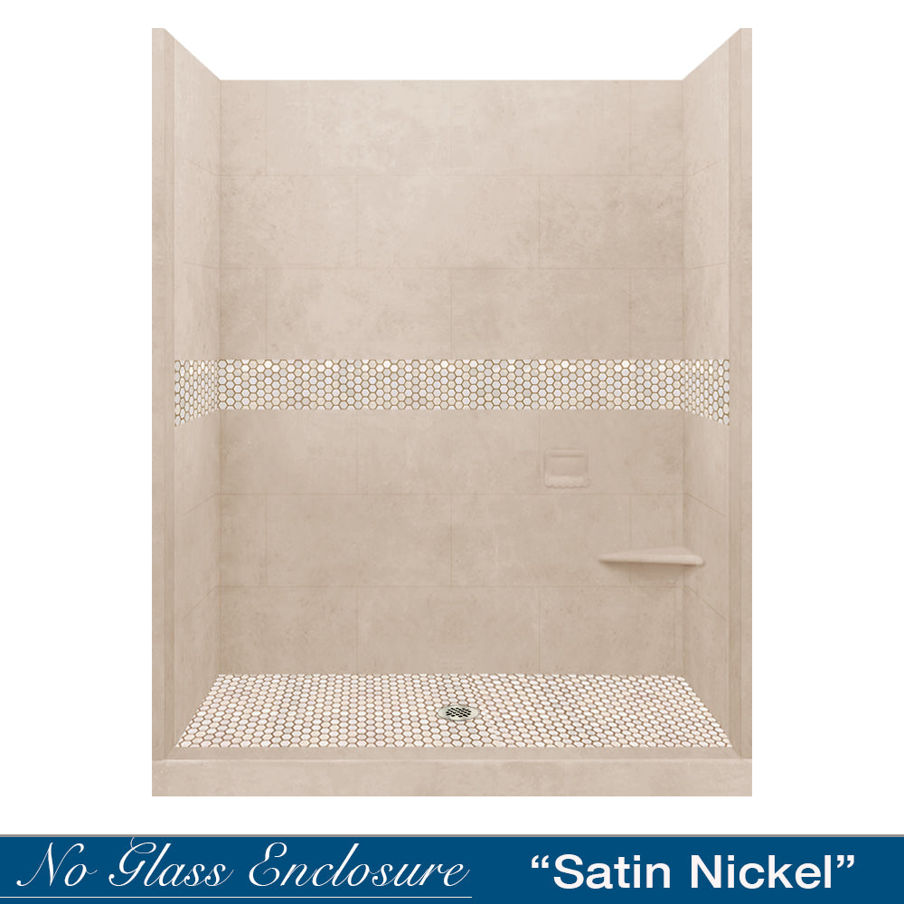 60" Alcove Brown Sugar Sistine Stone & Honey Hex Mosaic Accent ("DIY Shower Remodel Kit")