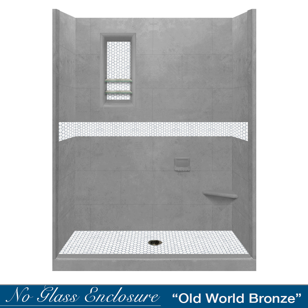 60" Alcove Wet Cement Sistine Stone & Pearl Hex Mosaic Accent ("DIY Shower Remodel Kit")