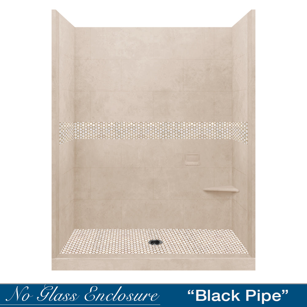 60" Alcove Brown Sugar Sistine Stone & Honey Hex Mosaic Accent ("DIY Shower Remodel Kit")