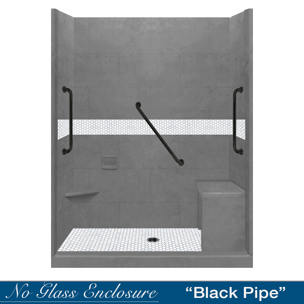 Freedom 60" Alcove Wet Cement Sistine Stone & Pearl Hex Mosaic Accent ("DIY Shower Remodel Kit")
