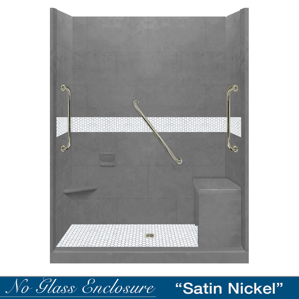 Freedom 60" Alcove Wet Cement Sistine Stone & Pearl Hex Mosaic Accent ("DIY Shower Remodel Kit")