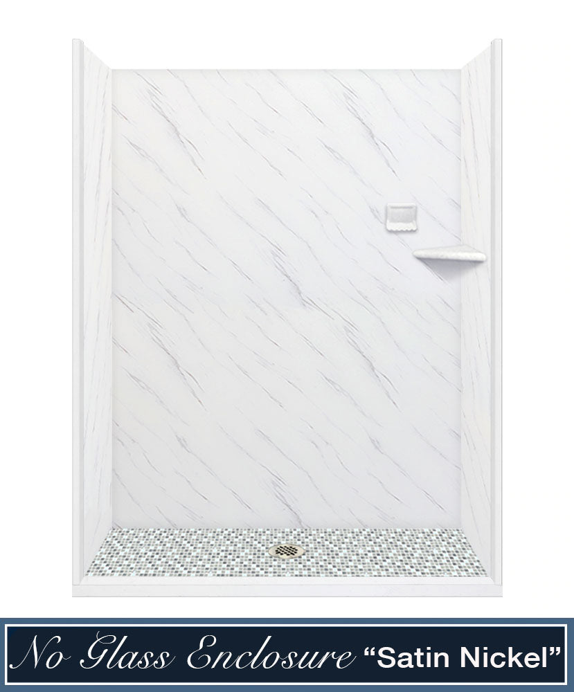 60" Alcove Carrara Medici Marble & Del Mar Mosaic Accent Shower Remodel Kit