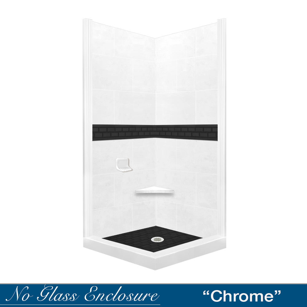 Natural Buff Corner Shower Enclosure Kit with Subway Black Accent
