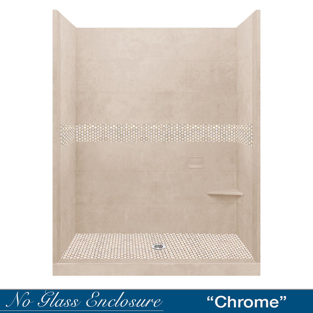 60" Alcove Brown Sugar Sistine Stone & Honey Hex Mosaic Accent ("DIY Shower Remodel Kit")