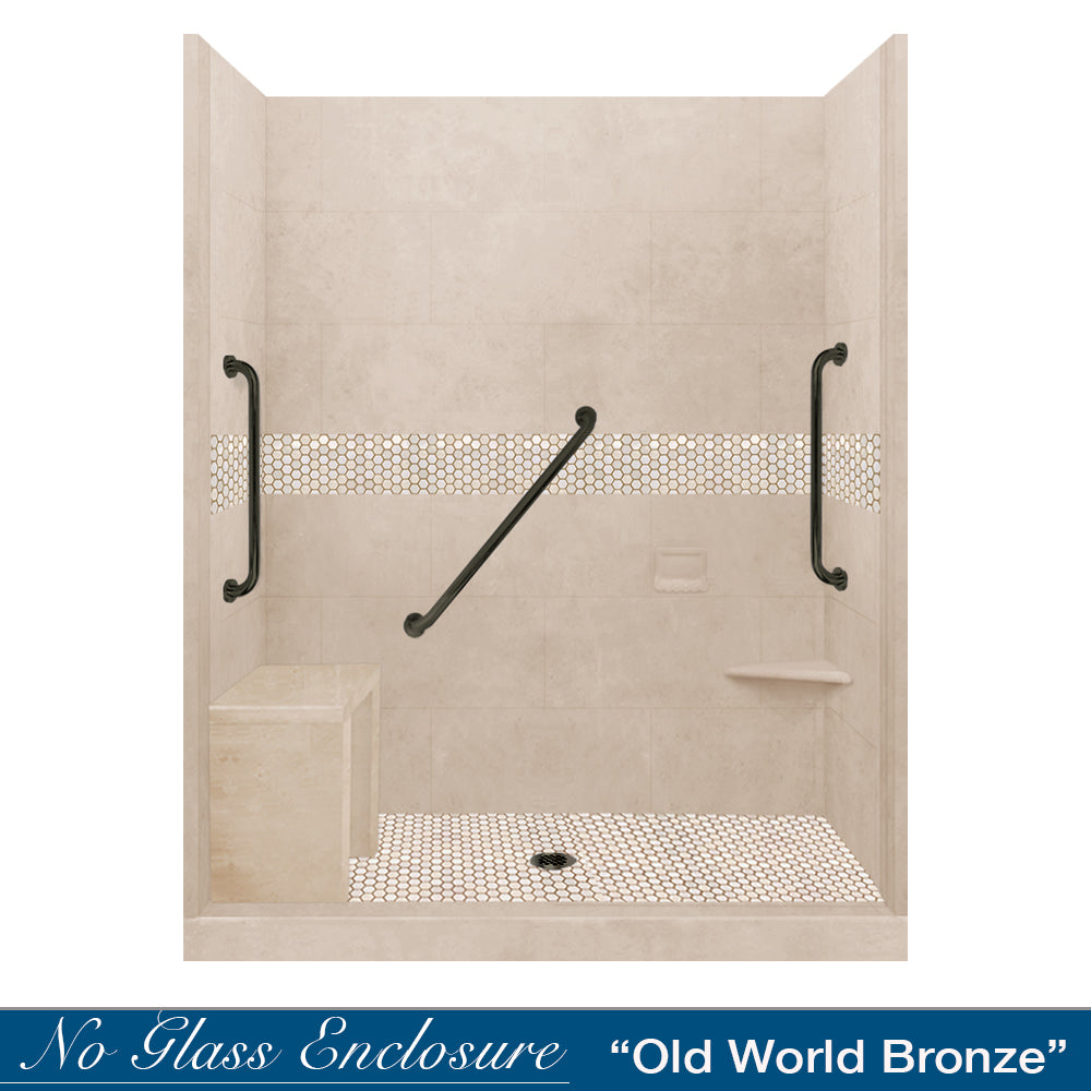 Freedom Honey Hex Mosaic Brown Sugar 60" Alcove Stone Shower Enclosure Kit (FREE F92 FAUCET & TILE NICHE)