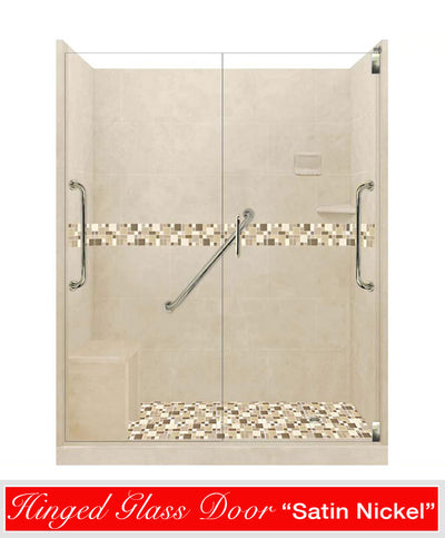 Clearance-Freedom 60" X 32" Tuscany Mosaic Desert Sand 60" Alcove Stone Shower Kit W/Glass Door