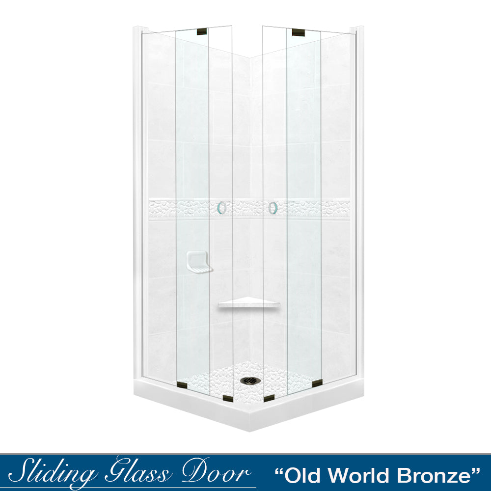 Corner Natural Buff Sistine Stone & Pebble Stone Accent Shower Remodel Kit