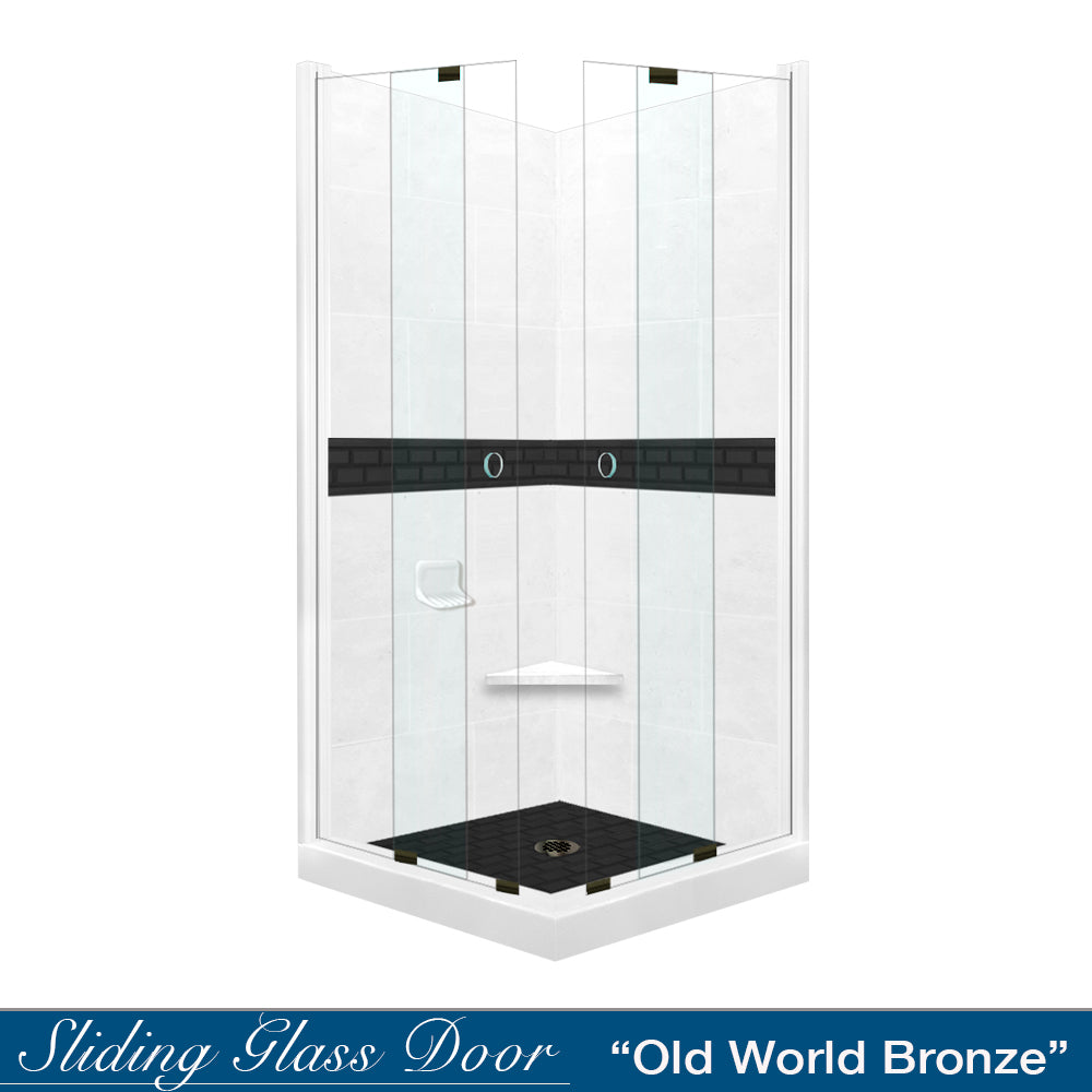 Natural Buff Corner Shower Enclosure Kit with Subway Black Accent