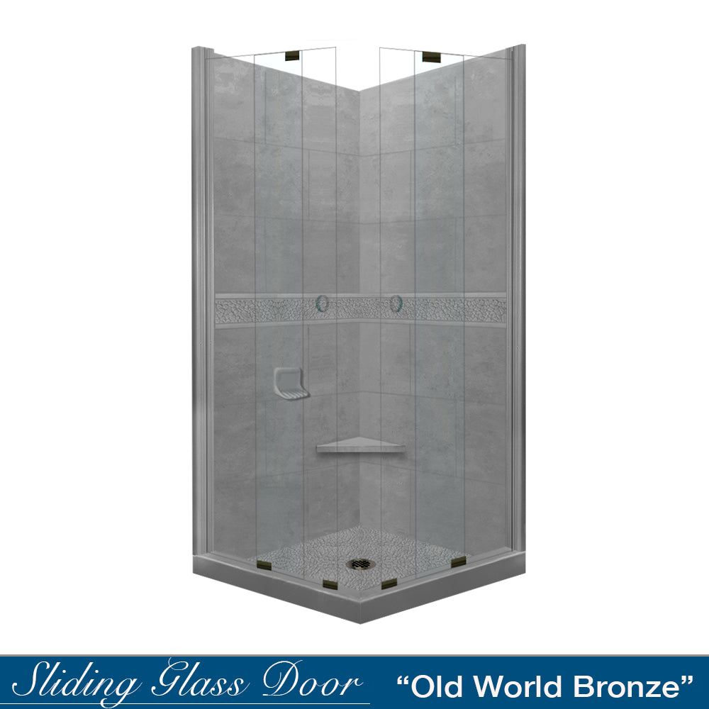 Corner Wet Cement Sistine Stone & Pebble Stone Accent Shower Remodel Kit