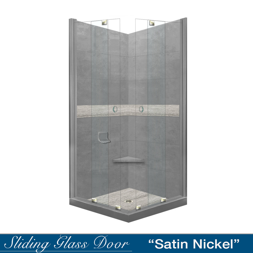 Corner Wet Cement Sistine Stone & Sterling Oak Wood Accent Shower