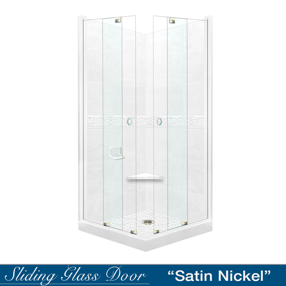Corner Natural Buff Sistine Stone & Pebble Stone Accent Shower Remodel Kit