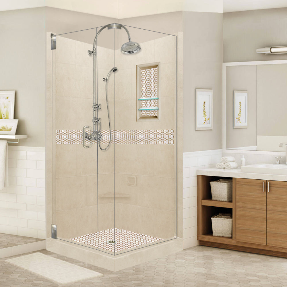 Corner Desert Sand Sistine Stone & Honey Hex Mosaic Accent ("DIY Shower Remodel Kit")