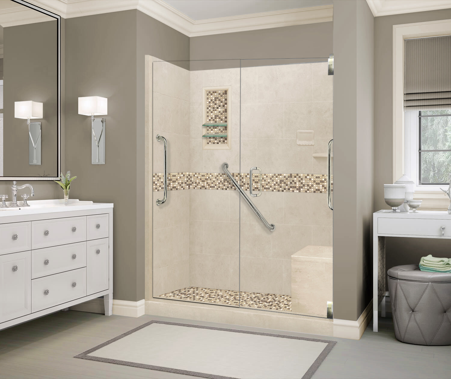 Freedom 60" Alcove Desert Sand Sistine Stone & Roma Mosaic Accent ("DIY Shower Remodel Kit")