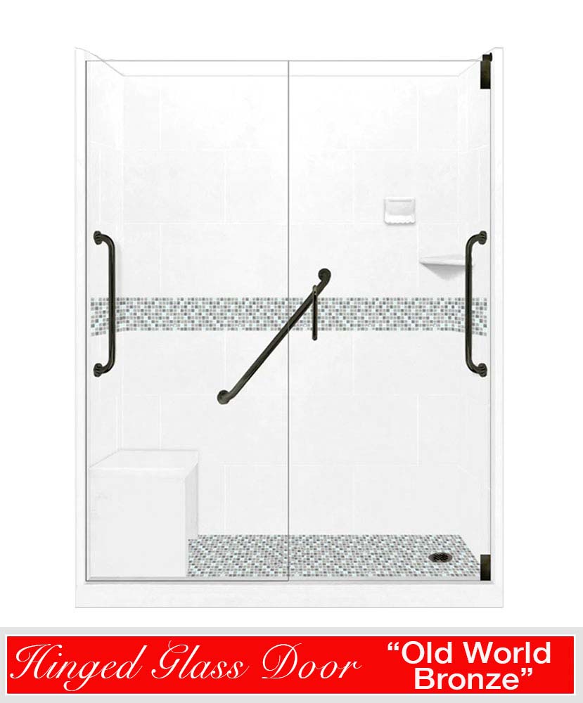 Clearance-Freedom 60" X 30" Del Mar Mosaic Natural Buff 60" Alcove Stone Shower Kit W/Glass Door