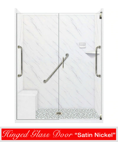 Clearance-Freedom 60" X 32" Carrara Del Mar Mosaic Alcove Shower Kit W/Glass Door