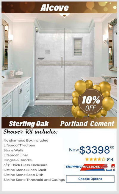 Lifeproof-Sterling Oak Portland Cement  60" Alcove Stone Shower Kit