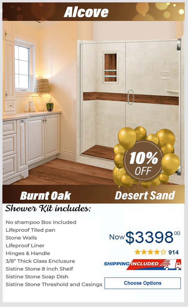 Lifeproof-Burnt Oak Desert Sand  60" Alcove Stone Shower Enclosure Kit