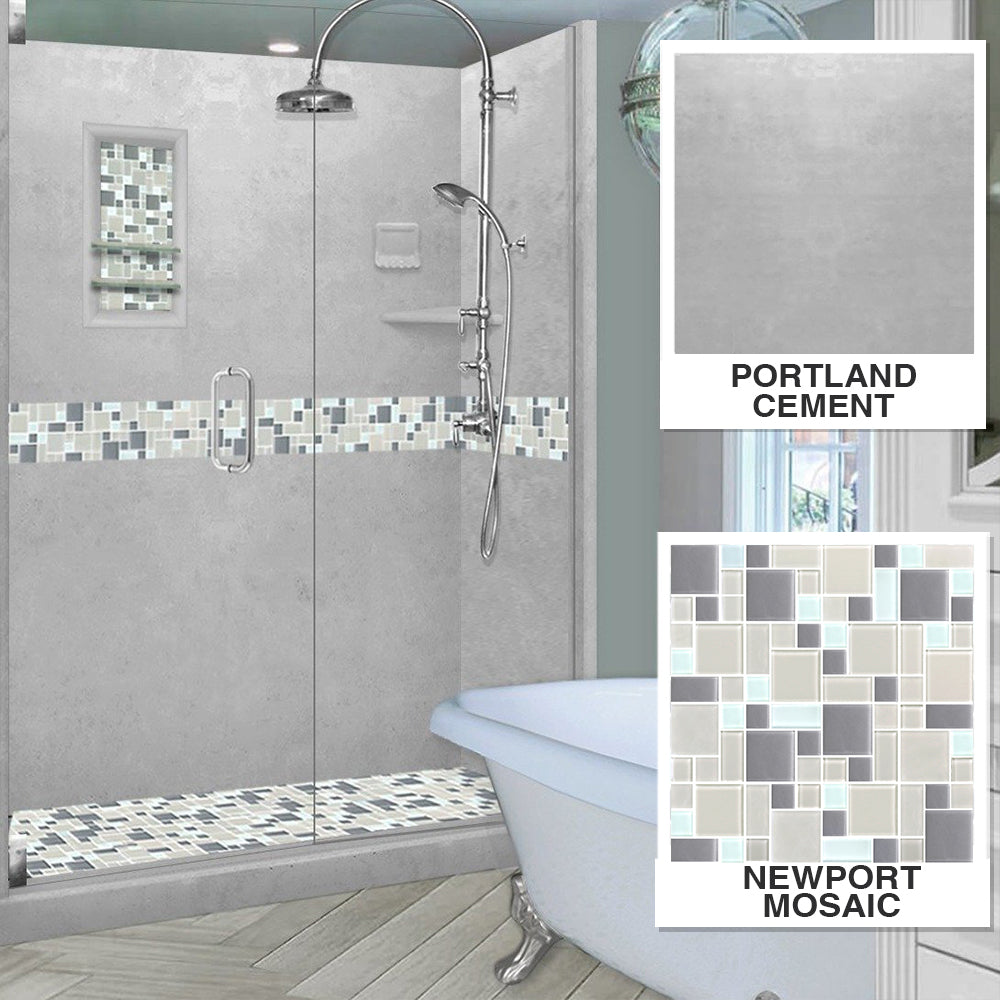 Newport Mosaic Portland Cement 60" Alcove Stone Shower Kit