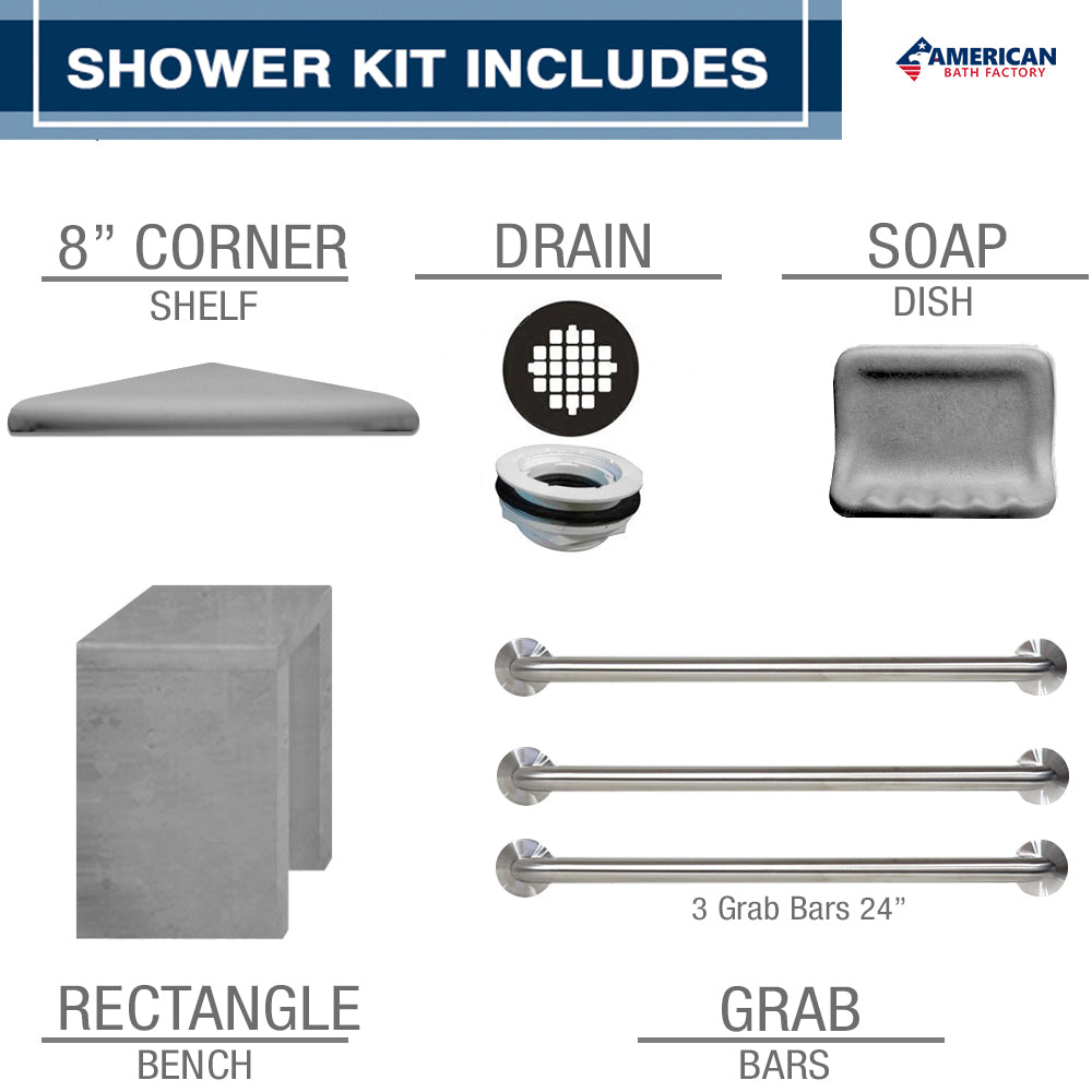 Freedom 60" Alcove Wet Cement Sistine Stone & Pearl Hex Mosaic Accent ("DIY Shower Remodel Kit")