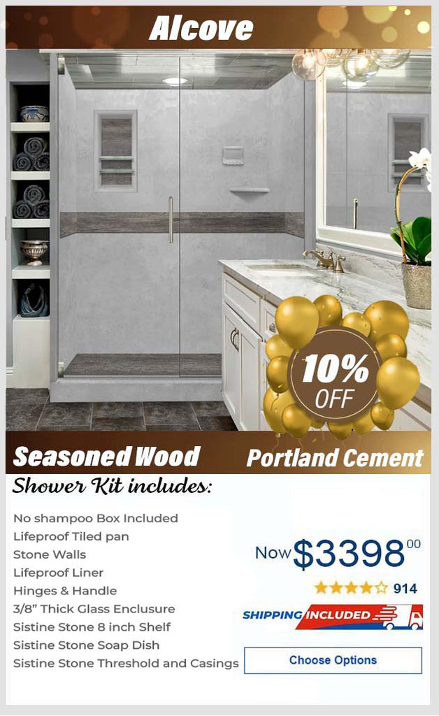 lifeproof-Seasoned Wood Portland Cement  60" Alcove Stone Shower Kit