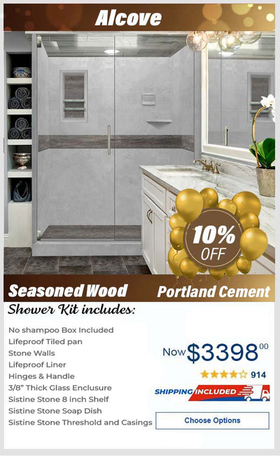 lifeproof-Seasoned Wood Portland Cement  60" Alcove Stone Shower Enclosure Kit