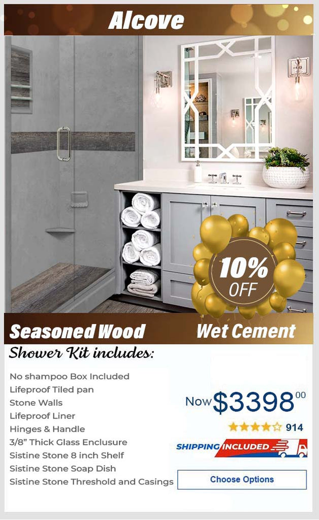 Lifeproof-Seasoned Wood Wet Cement  60" Alcove Stone Shower Enclosure Kit