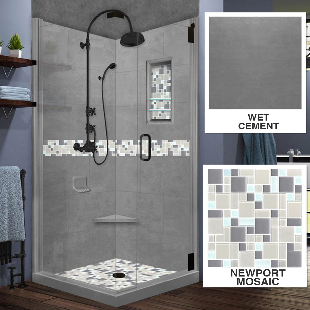 Corner Wet Cement Sistine Stone & Newport Mosaic Accent Shower Remodel Kit