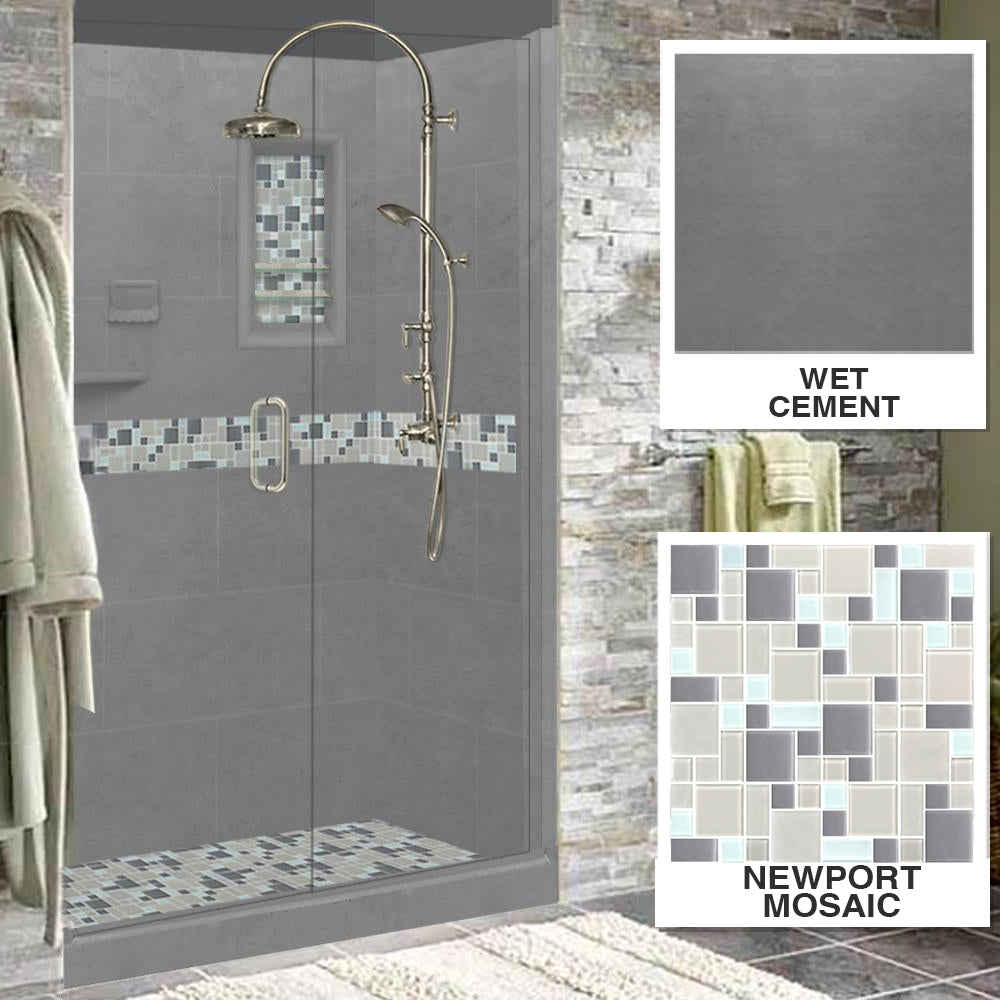 Newport Mosaic Wet Cement 60" Alcove Stone Shower Enclosure Kit